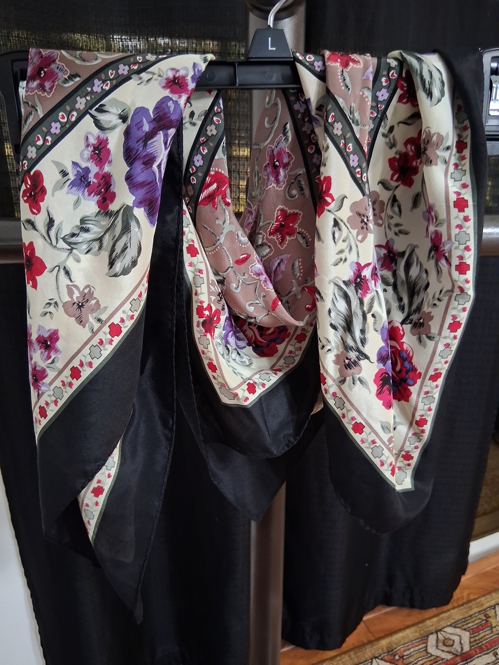 Floral Black & Cream Silk-Feel Scarf - Women's Wrap